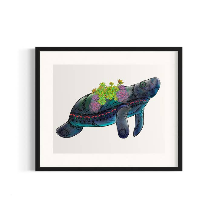 Manatee with Succulents - Ornate Coastal Wildlife Print for wholesale by The Vela Ranch