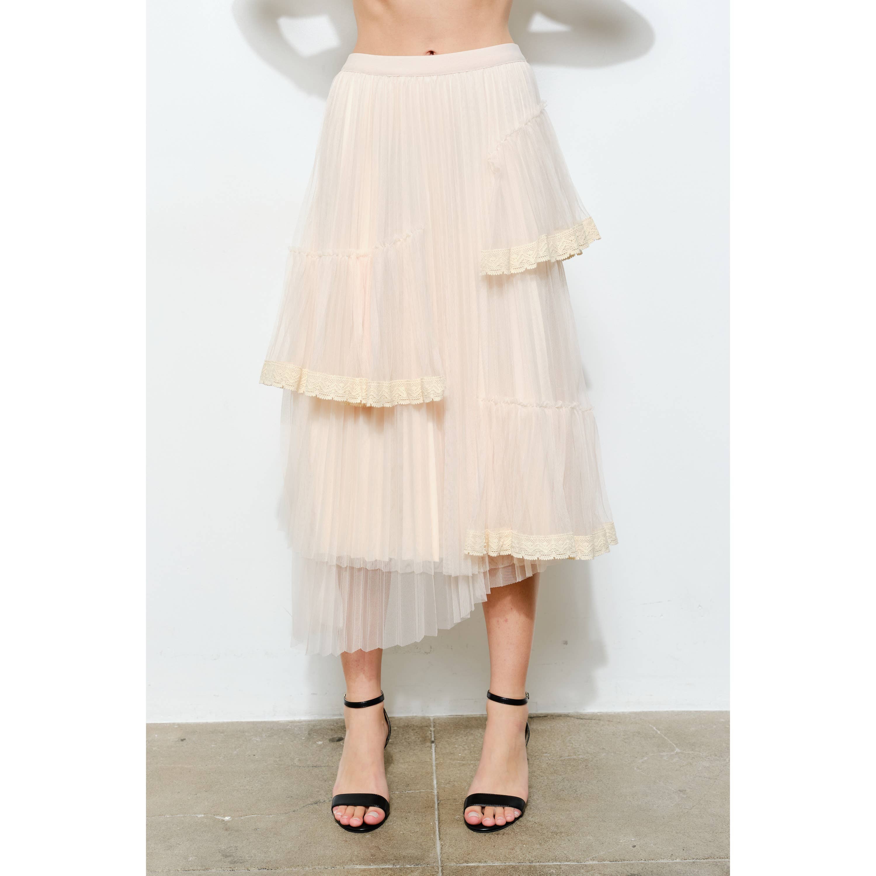 INA - Vente Jupe – femme - Jupe midi superposée élégante avec bordure en dentelle transparente9