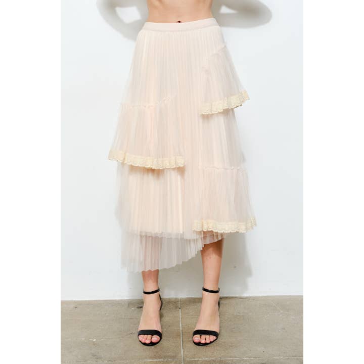 INA - Vente Jupe – femme - Jupe midi superposée élégante avec bordure en dentelle transparente9