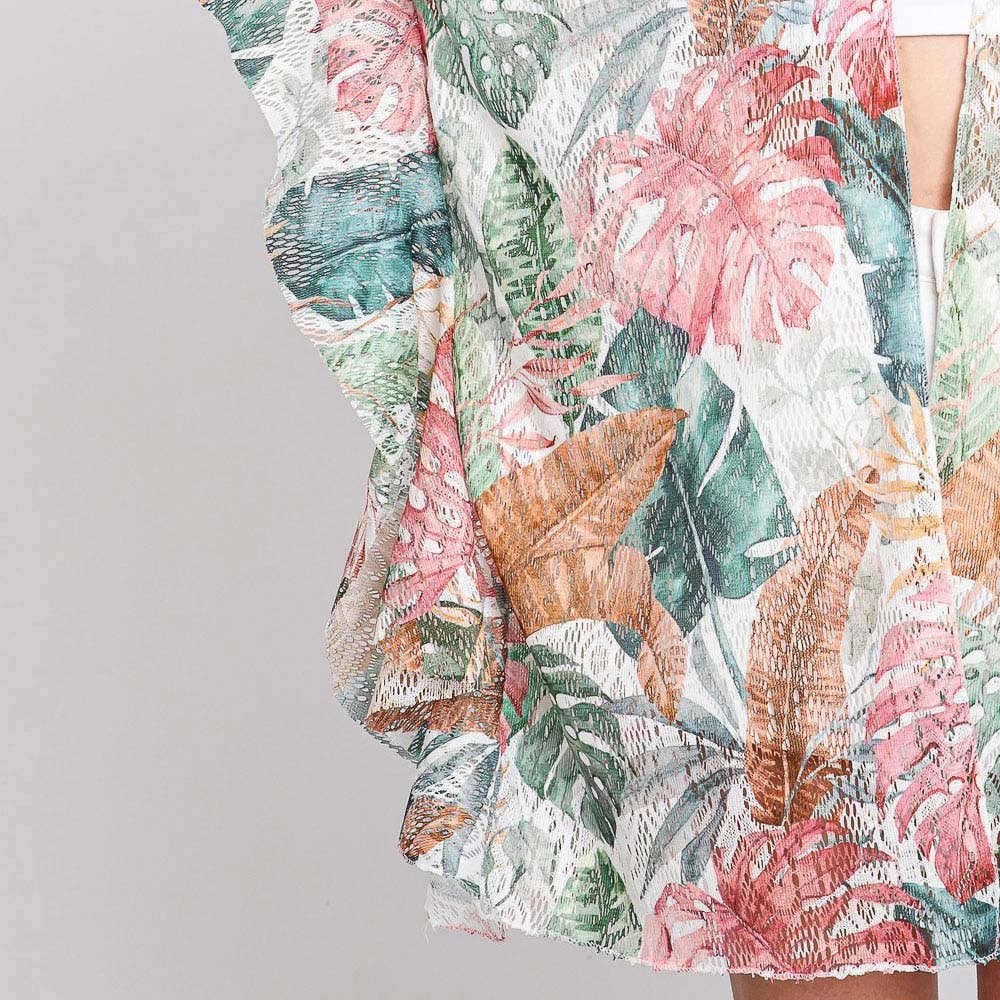 Sensibling Corp. - Wholesale Kimono - Women's - Ruffle Lined Leaves Printed Crochet Cover-Up Kimono Poncho4