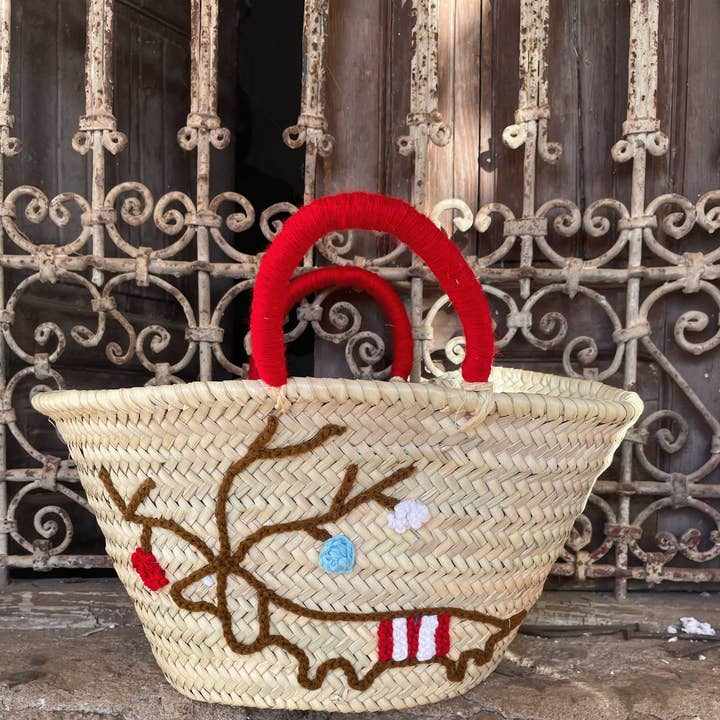 THREE handwoven FESTIVE STRAW BASKET Cutie Dachshund for wholesale by MARRAKECH METACRAFT LTD