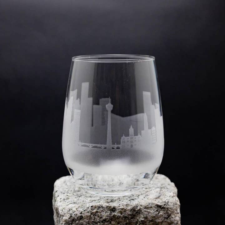 Calgary, Alberta, Canada Skyline Wine Glass Barware for wholesale by Urban & Etched
