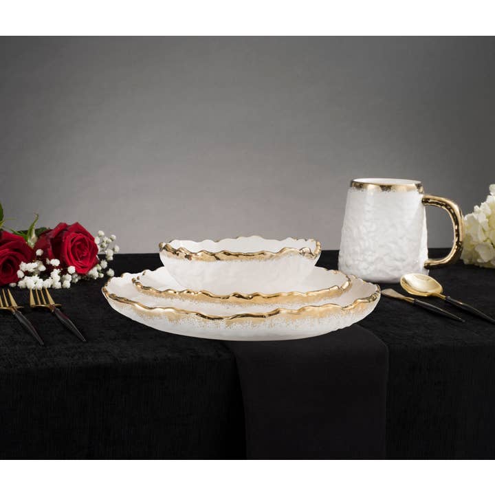 CLASSIC TOUCH DECOR INC. - Wholesale Dinnerware Set - 4 Piece White Dinner Set Speckled Gold Design