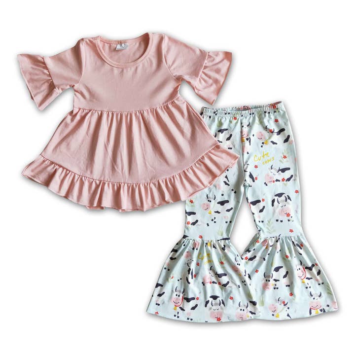 Ensemble de vêtements tunique rose à bas cloche de vache pour filles pour la vente par Yawoo Garments