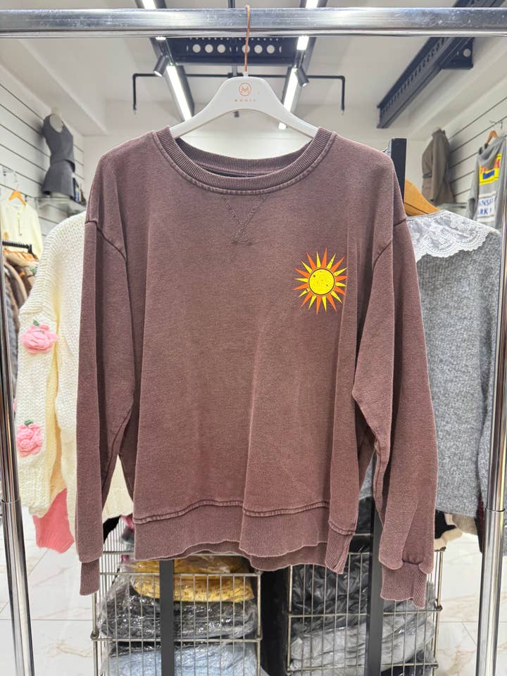 Chilli Girl Collection - Wholesale Sweatshirt - Women's - Round neck faded wash sweatshirt with Sunshine print