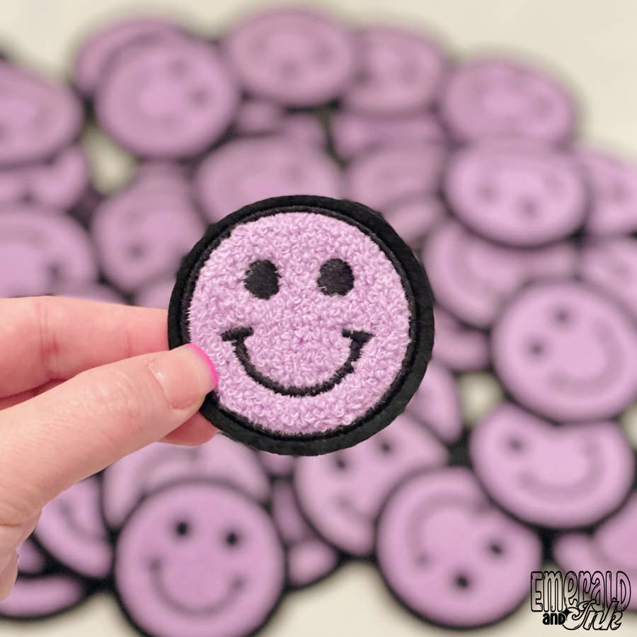 Chenille Patch Smiley Face Patch - Iron On Chenille Patch Smile Patch Purple