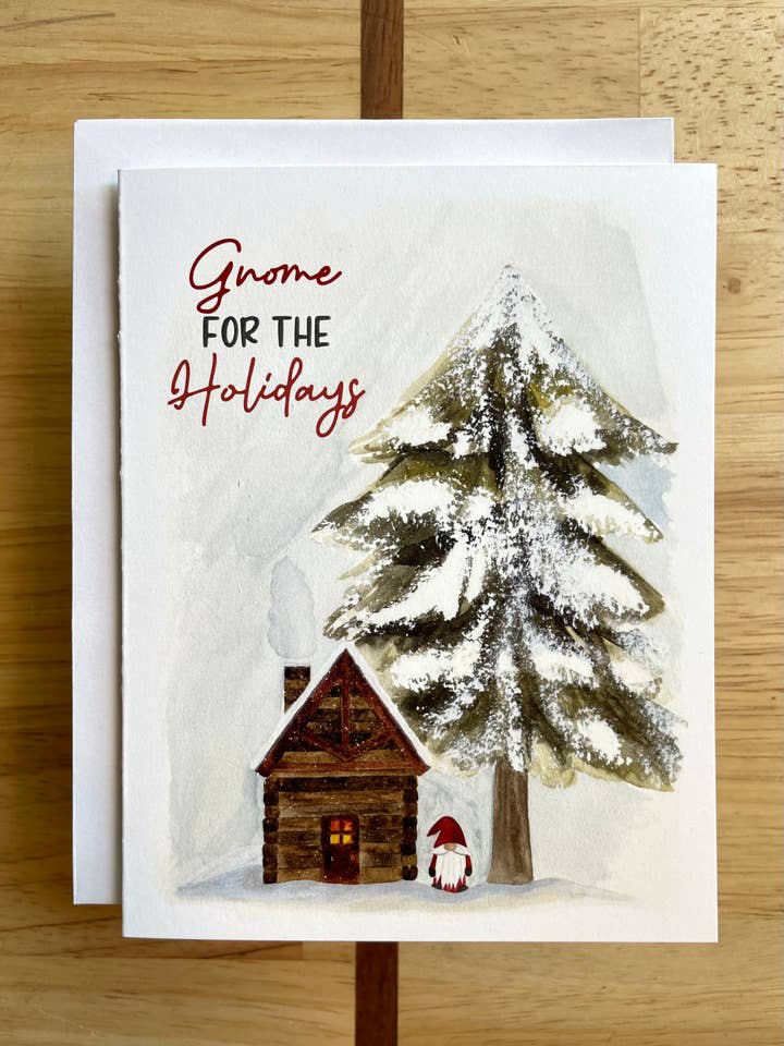 Gnome per le feste - Biglietto di auguri ad acquerello per la vendita all'ingrosso da parte di Kristin Schmidt Artist