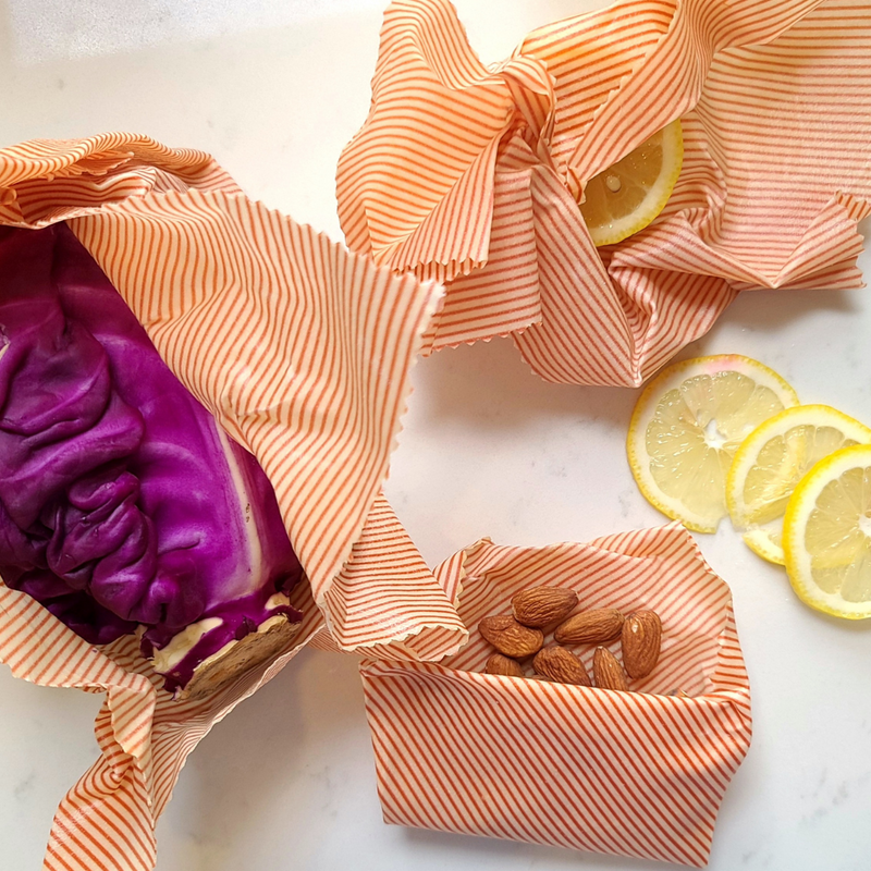 Mind Your Bees Handmade Wraps - Wholesale Food Storage Wrap/Bag - Beeswax Food Wraps - Sm or Lg Set Picnic Red Stripes Print1