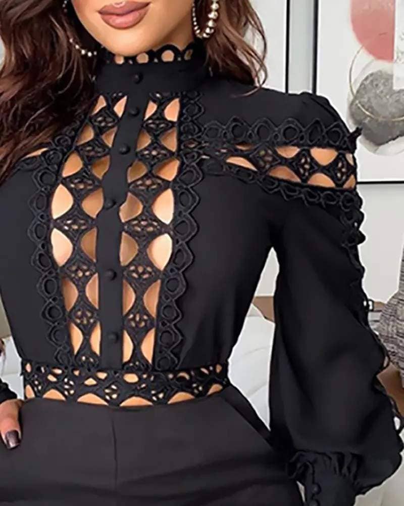 Queen Fashion – wholesale Jumpsuit - Dam – utskuren guipure spetsficka med lyktärmad tröja8