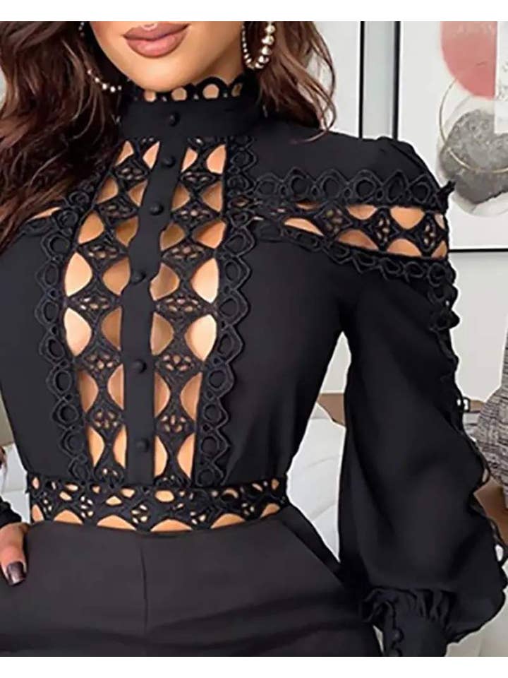 Queen Fashion – wholesale Jumpsuit - Dam – utskuren guipure spetsficka med lyktärmad tröja8