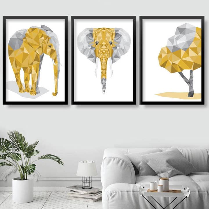 Set of 3 YELLOW & Grey Elephant and Tree Wall Art Prints for wholesale by Artze Wall Art