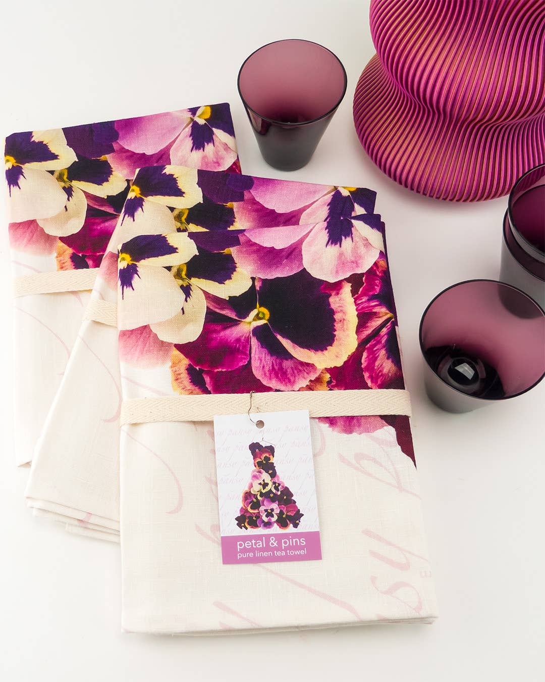 petal & pins - Wholesale Tea towel - Floral Pure Linen Tea Towel - Pink & Purple Pansy Design2