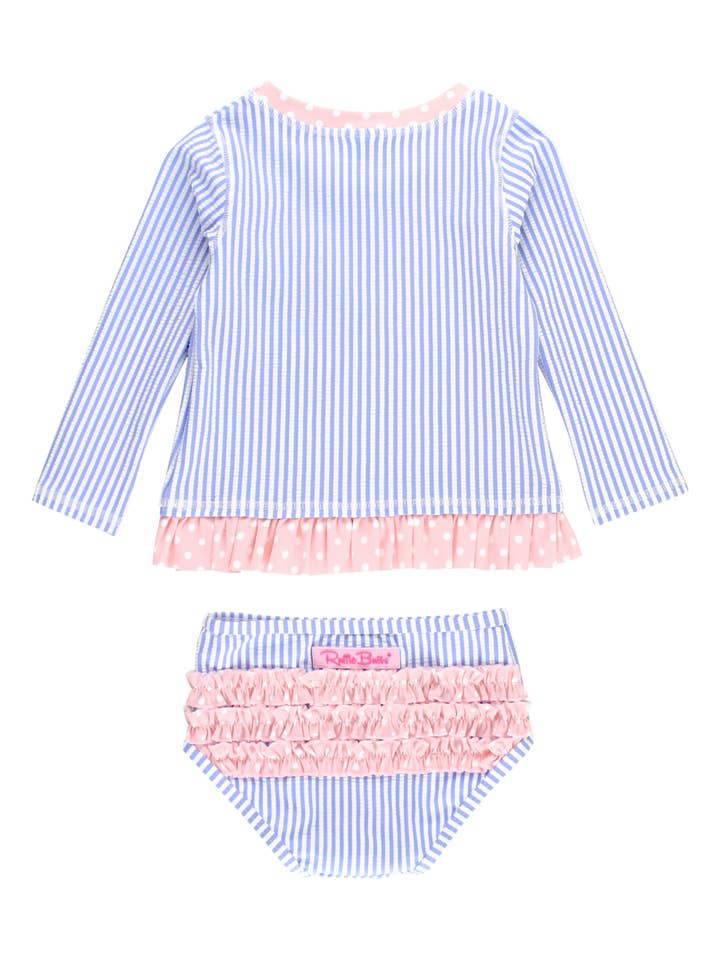 RuffleButts + RuggedButts - Wholesale Rashguard Set - Kids - Girls Periwinkle Blue Seersucker Long Sleeve Rash Guard 2-Piece Swimsuit with Signature Rear Ruffles