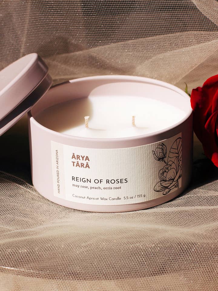 Reign of Roses Candle | Vintage rose scent | 5.5 oz tin for wholesale by Arya Tara