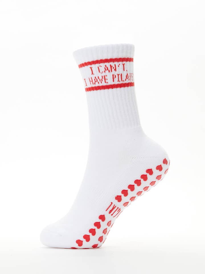 White I Can't. I Have Pilates. Grip Socks for wholesale on Faire12