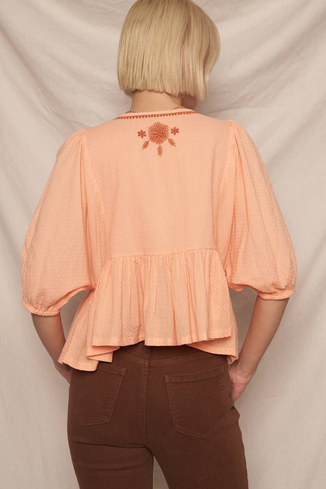 En Crème - Wholesale Blouse - Women's - Puff Sleeve Peplum Top with Embroidery Detail18