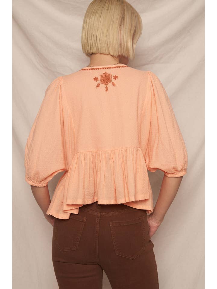 En Crème - Wholesale Blouse - Women's - Puff Sleeve Peplum Top with Embroidery Detail18