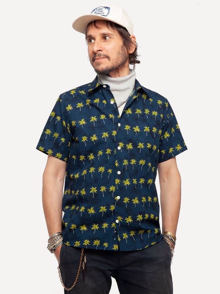 Short Sleeve Dylan | Seersucking Palms - Navy for wholesale by 18 Waits