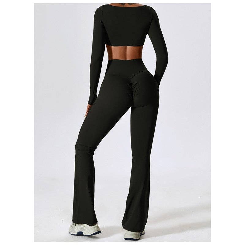 FurDecoration - Wholesale Activewear Set - Women's - Solid Color Square Neck Long Sleeve Cropped Top and Skinny Pants Set3