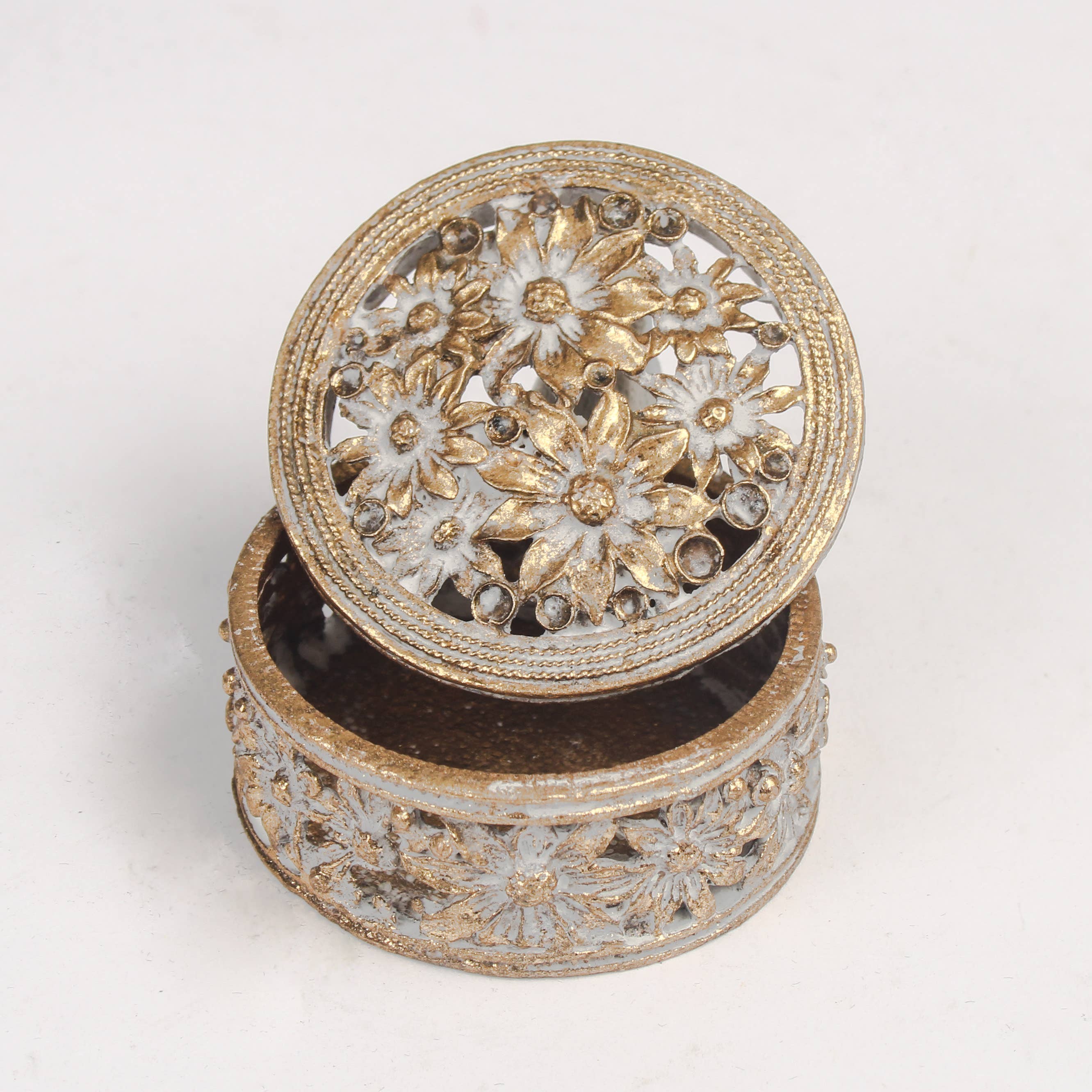 Originals International Ltd - Wholesale Decorative Box - Distressed White & Gold Floral Trinket Box – Ornate Storage2