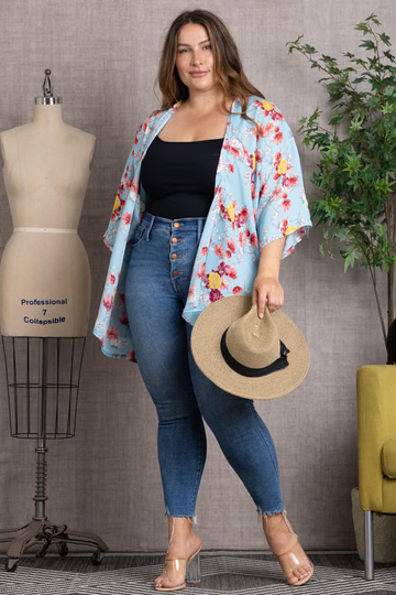 Blue FLORAL PRINT OPEN FRONT PLUS SIZE CARDIGAN-SJ100239 for wholesale on Faire0