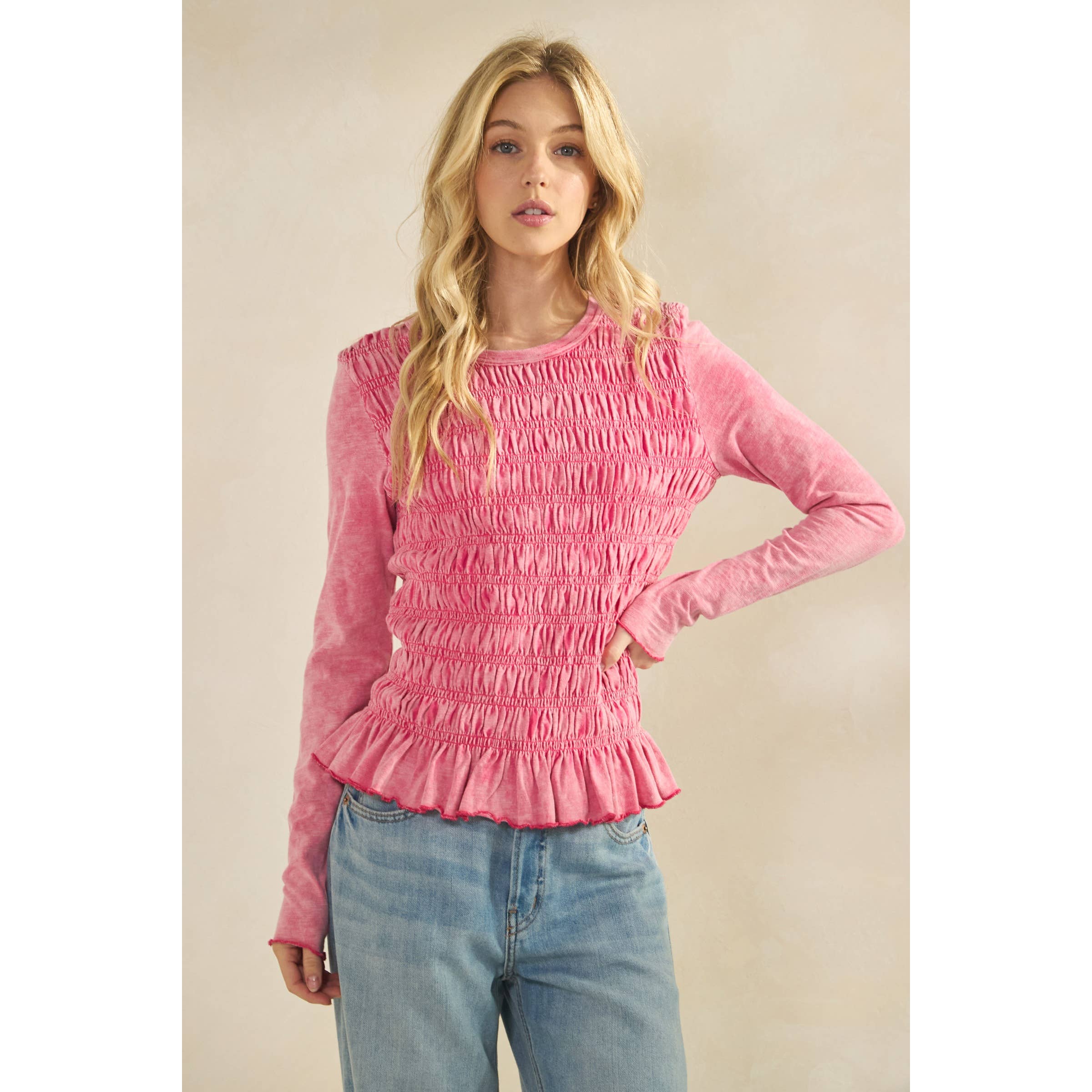 Sage + Fig - Wholesale Knit Top - Women's - SMOCKED PEPLUM LONG SLEEVE TOP (ST7986) 5