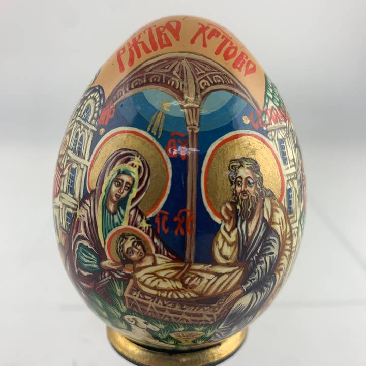 Golden Cockerel - Wholesale Decorative Tabletop Object - Vintage Panoramic Orthodox Icon Egg