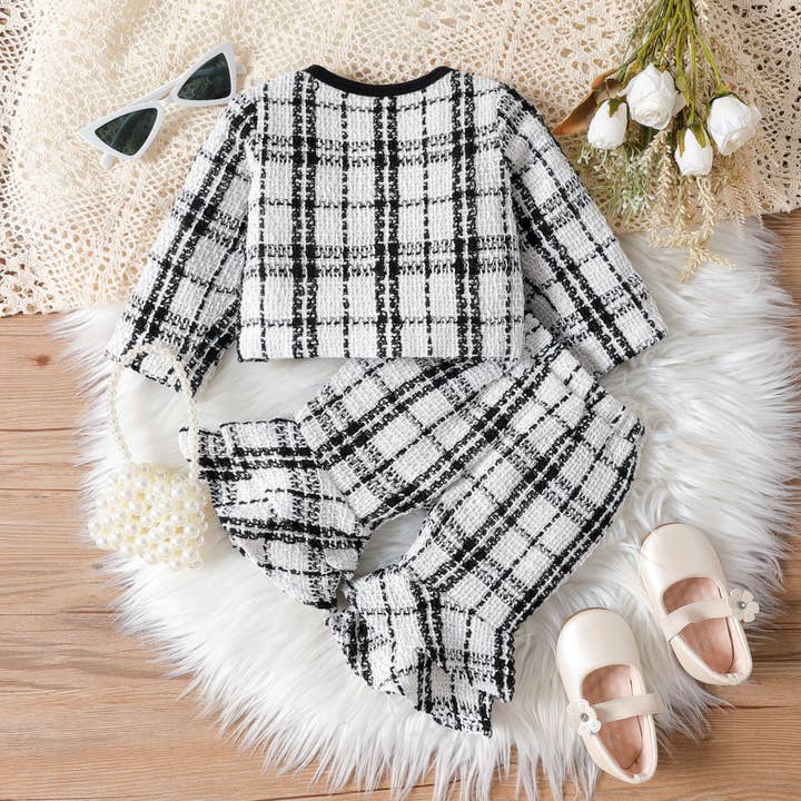 BlackandWhite Baby Girl 2pcs Elegant Grid Print Jacket & Flared Pants Set for wholesale on Faire