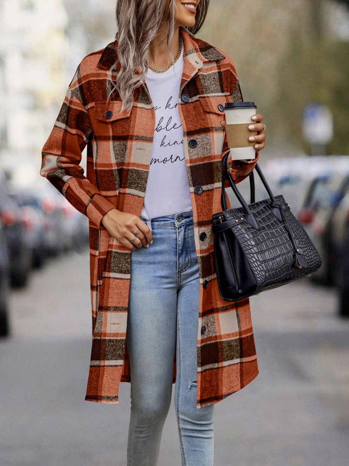 eLook - Vente Manteau – femme - Manteau long boutonné à carreaux SZ1-JK82111