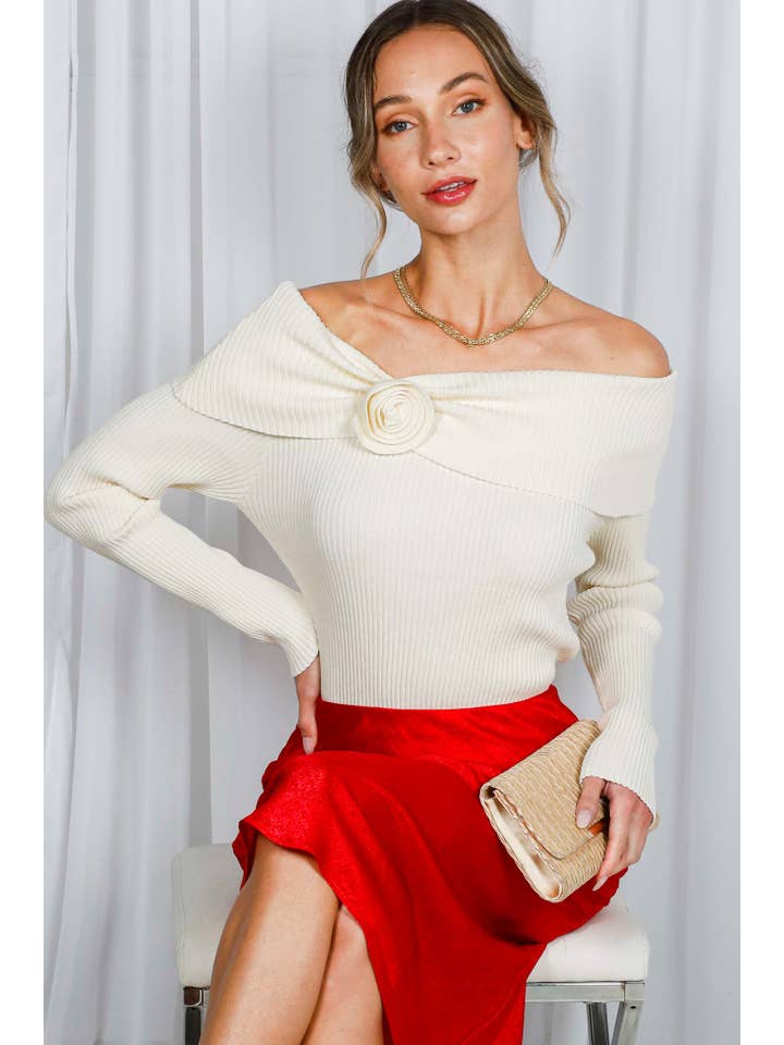 Vine & Love - Wholesale Knit Sweater - Women's - Rose Corsage Off The Shoulder Rib Knitted Sweater VT825924