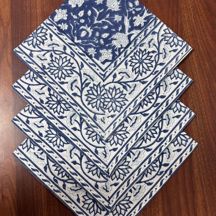 Dark Blue Border Napkin Indian Floral Hand Block Print for wholesale by Fabricrush