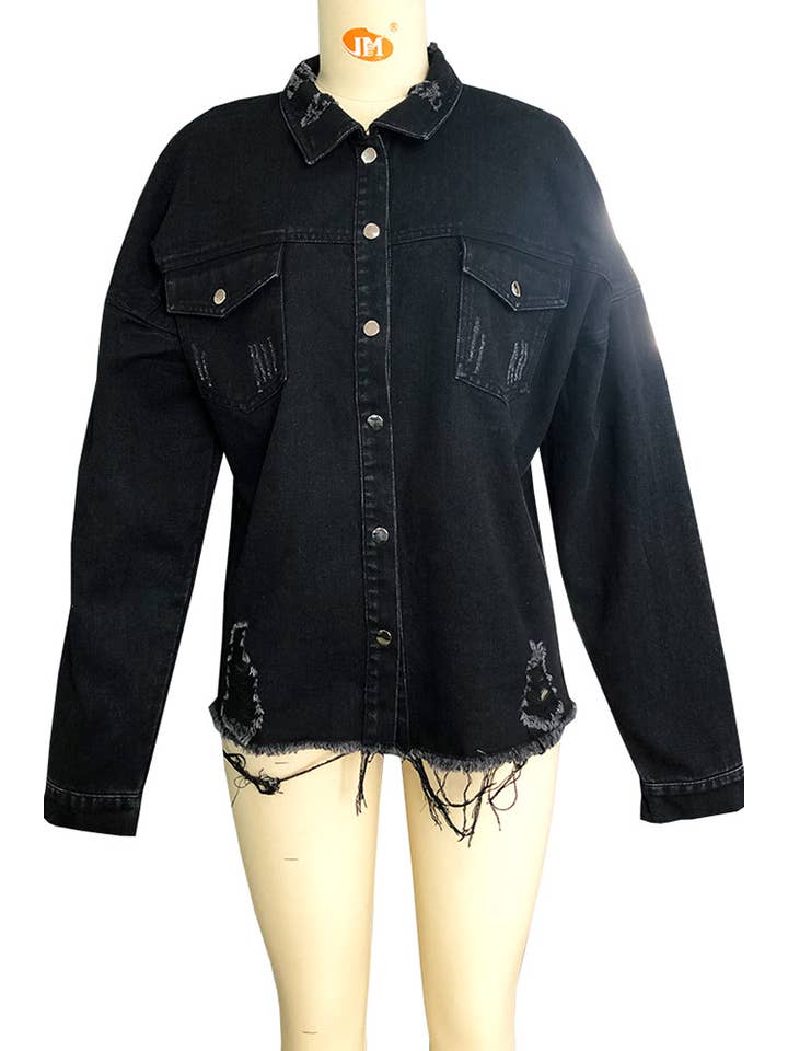 UNISHE - Wholesale Shirt Jacket/Shacket - Women's - TOPW431 Raw Hem Ripped Denim Jacket Shacket