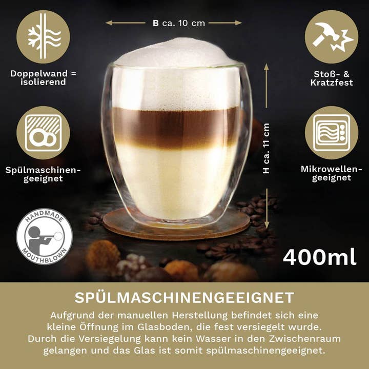 Creano - Vendita all'ingrosso Tazza da tè/caffè - Bicchieri termici doppi in vetro 400 ml; set da 23