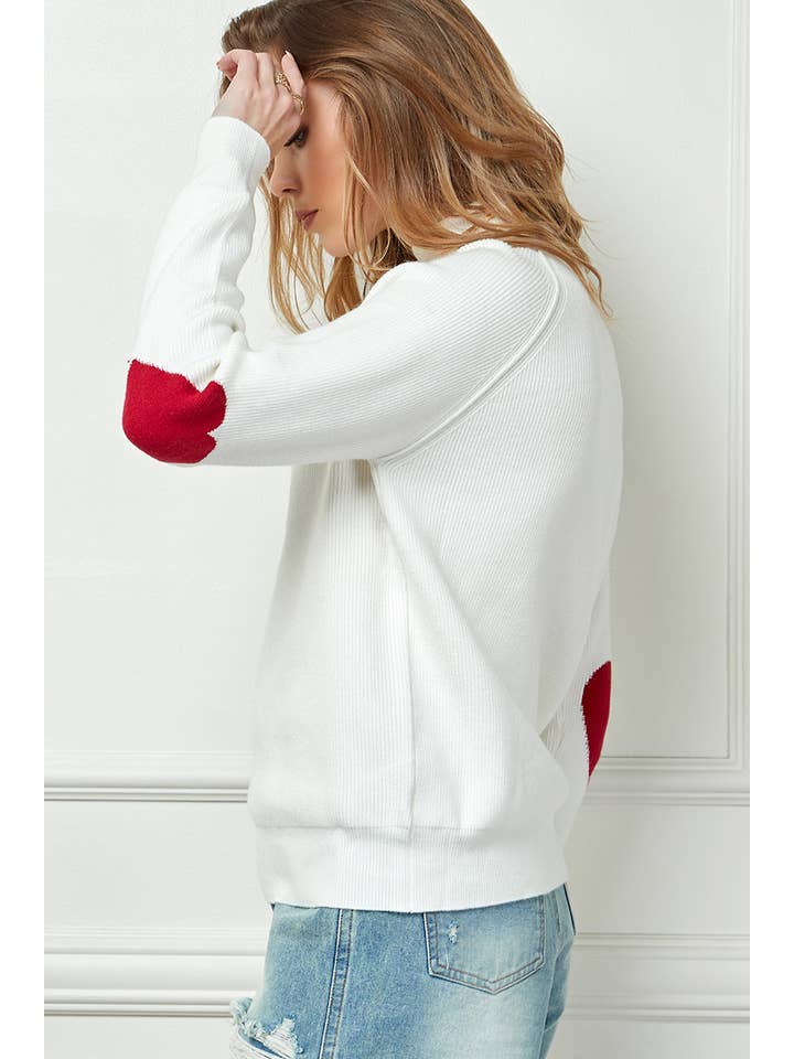 White Heart Elbow Patch Knit Sweater for wholesale on Faire