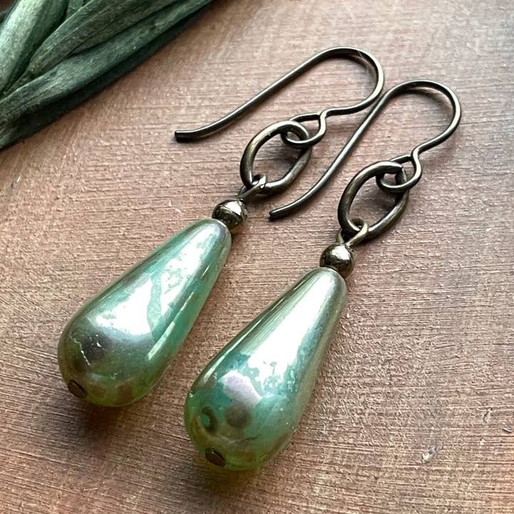 Glass Teardrop & Bronze Earrings Sea Grass Green Picasso for wholesale by Vintage Earth