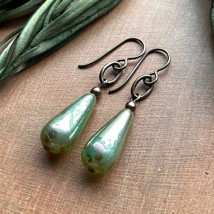 Glass Teardrop & Bronze Earrings Sea Grass Green Picasso for wholesale by Vintage Earth