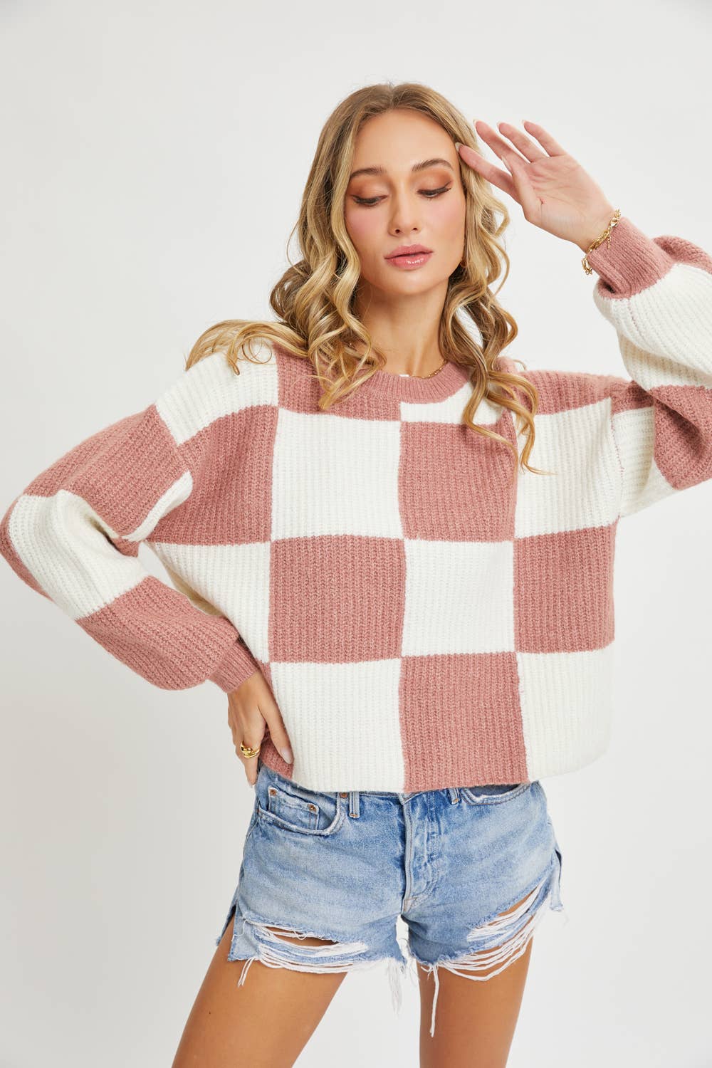 Sweet Lovely by Jen - Wholesale Knit Sweater - Women's - CASUAL SOFT COZY  RELAXED FIT CHECKER KNIT SWEATER38