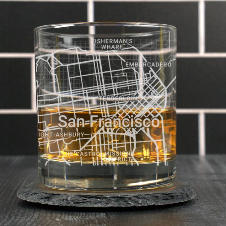 San Francisco CA - Street Map - Engraved Whiskey Glass for wholesale by Blue Ridge Mountain Gifts