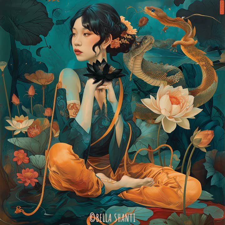 "QUAN YIN GODDESS W. BLACK LOTUS & Dragons" ART PRINT medium for wholesale by Bella's Miracle Shop