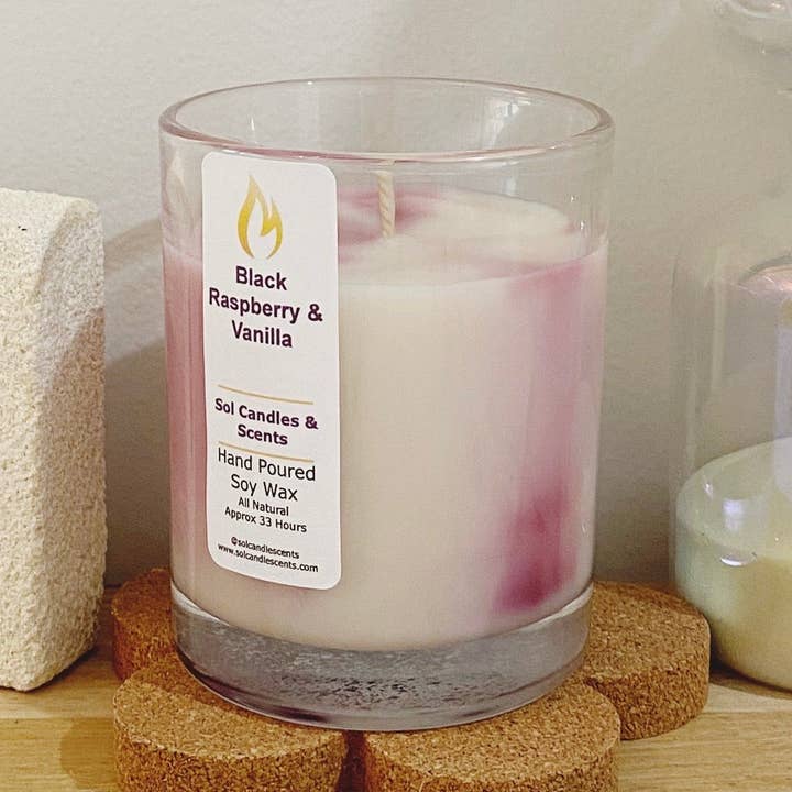 Black Raspberry & Vanilla Glass Soy Candle With Wooden Lid for wholesale by Sol Candles & Scents