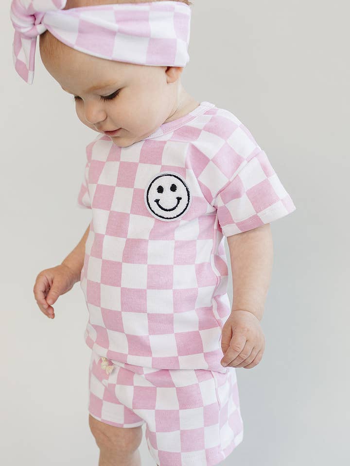 Set di pantaloncini a quadretti | Rosa per la vendita all'ingrosso da parte di Lucky Panda Kids