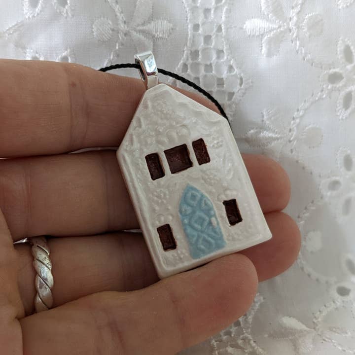 Miniature white ceramic house pendant or ornament - sawtooth for wholesale by CurlyFernCeramics