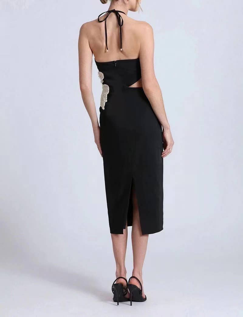 Noir Robe mi-longue à dos nu à motif floral DR298 en vente sur Faire1