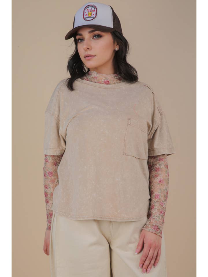 VERY J - Wholesale Knit Top - Women's - NT11108-Mineral Washed Knit Top with Pocket