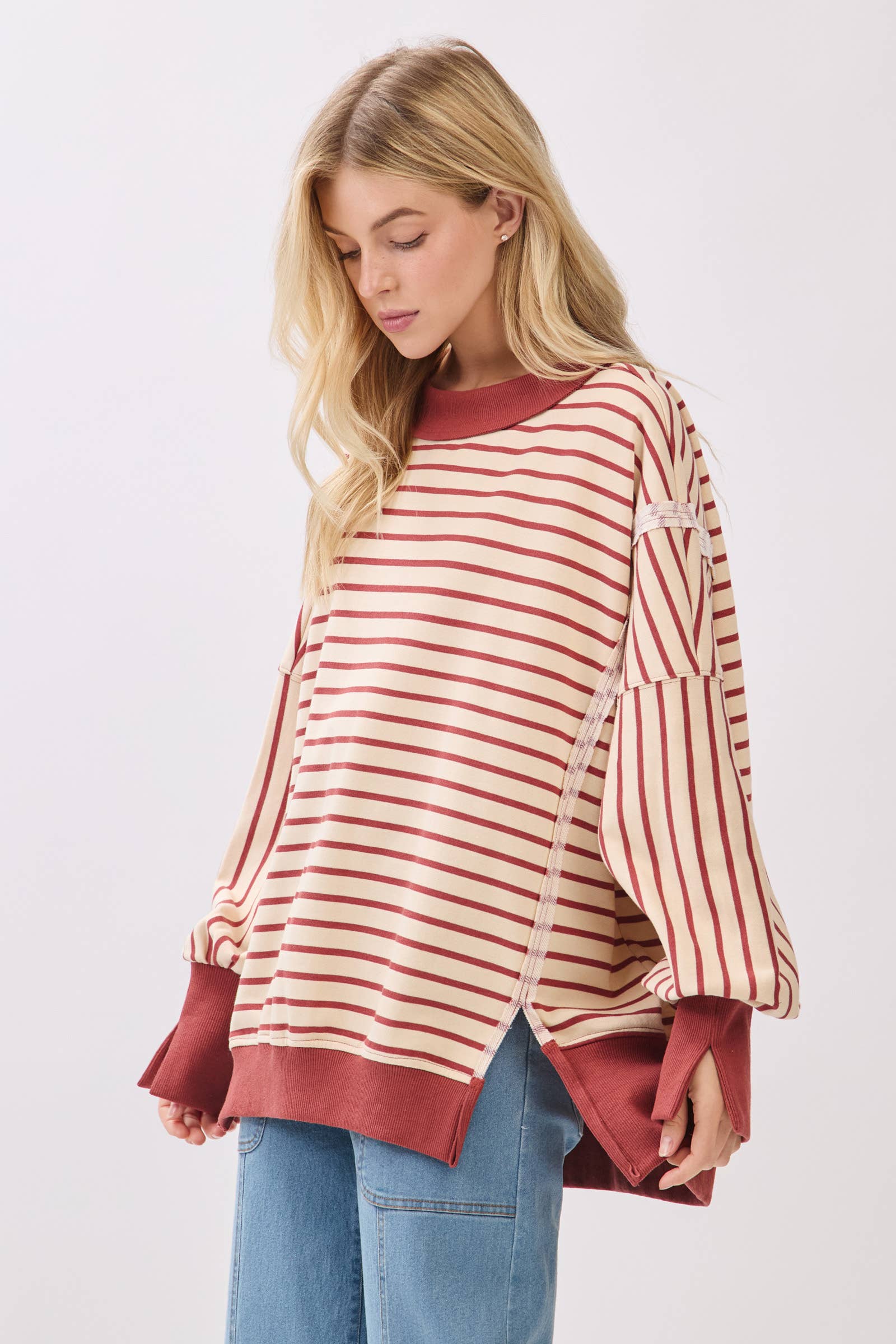 Sewn and Seen - Wholesale Sweatshirt - Women's - Striped Balloon Sleeve Terry Sweatshirt6