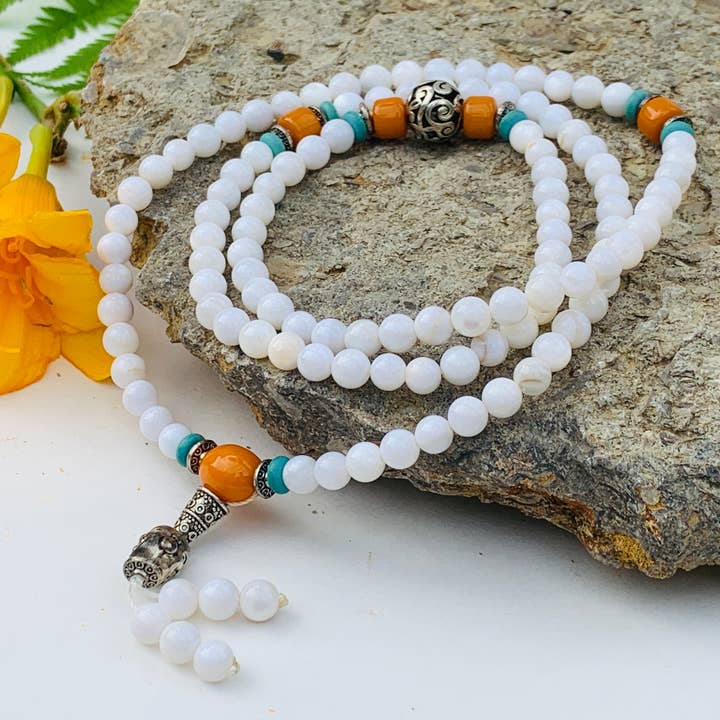 Lungta Imports - Wholesale Prayer Beads Necklace - Tibetan Buddhist Mala / Rosary 108 Glass Beads/ Tibetan Silver Spacers / Free Mala Pouch