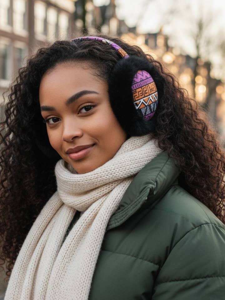 African Print Earmuffs - Foldable Winter Ear Warmers - Pink Orange Tribal for wholesale by AfricanFabs