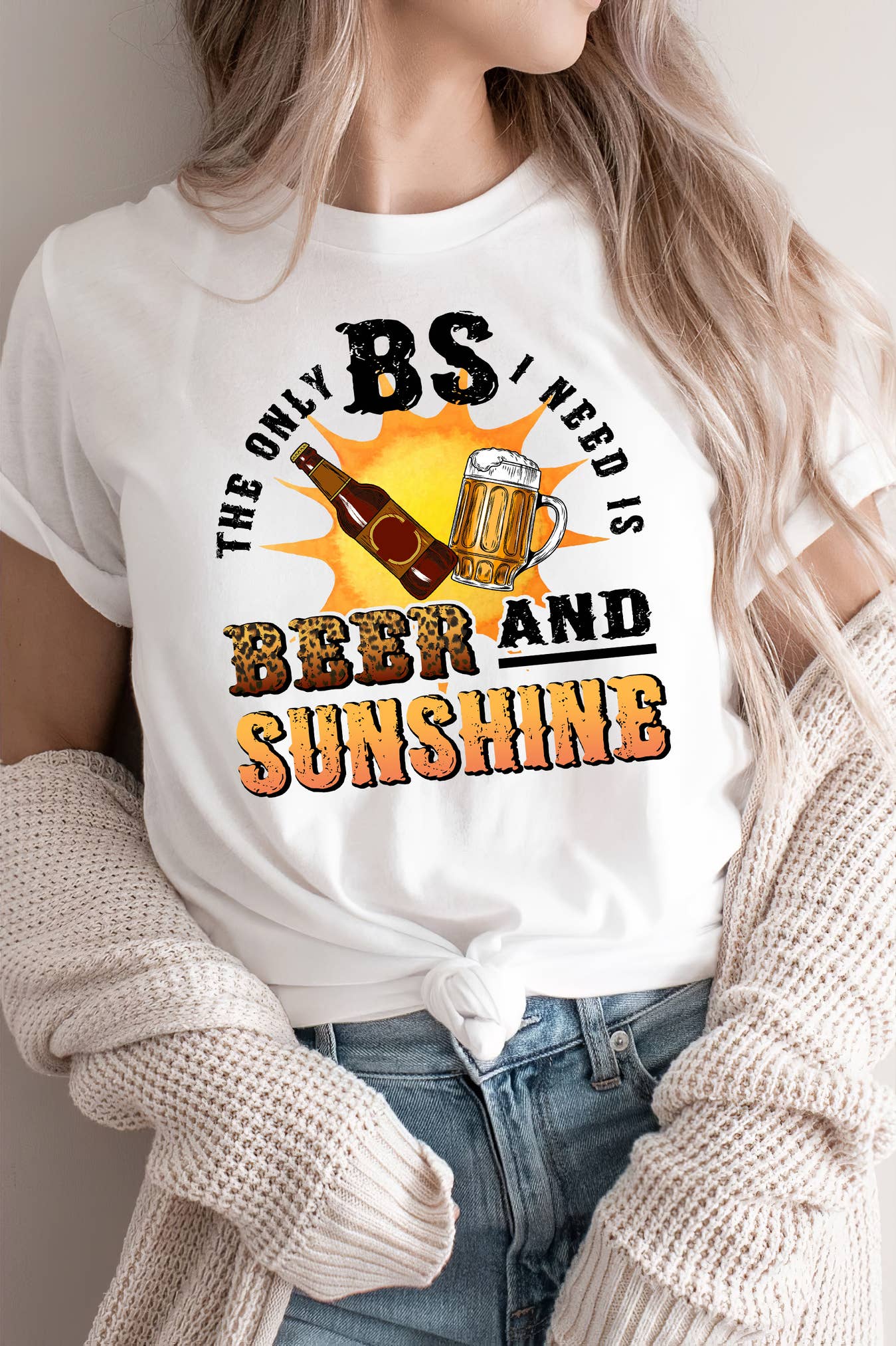White The Only BS I Need Is Beer And Sunshine Shirt, Beer Shirt for wholesale on Faire0