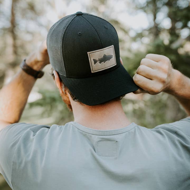 Range Leather Co. - Wholesale Trucker Hat - Unisex - Trout Hat - Leather Patch Trucker Cap