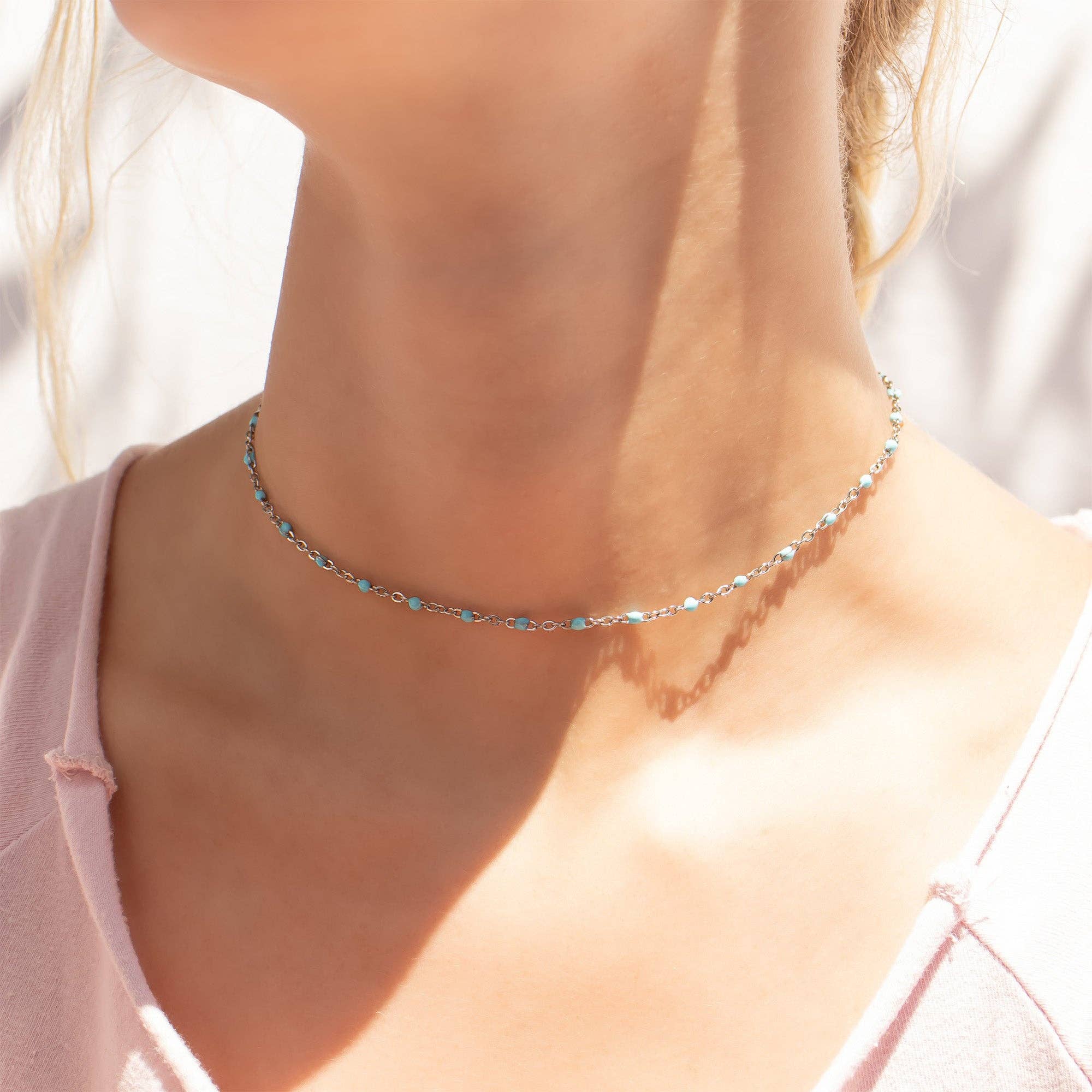 WJW – wholesale Kedjehalsband – 18K guldpläterat rostfritt stål halsband med turkosa pärlor12